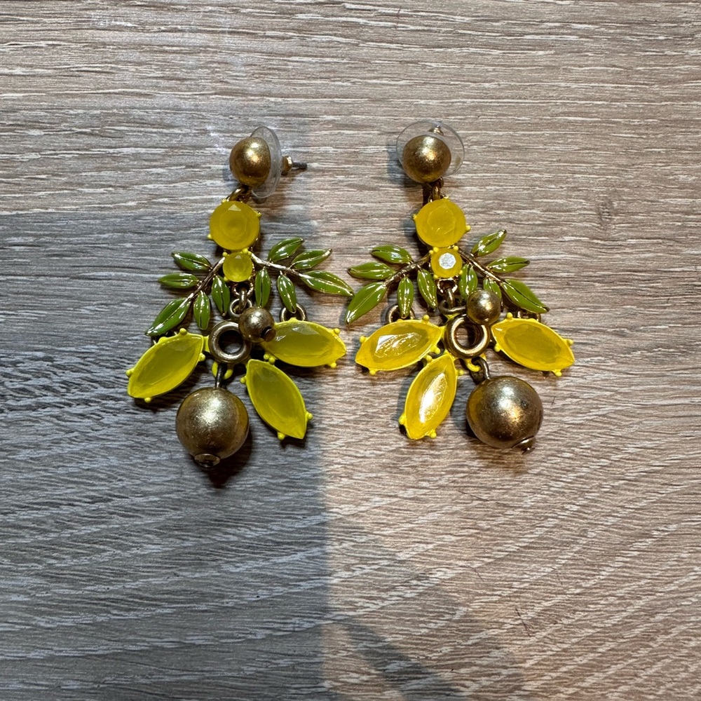 J Crew Chandelier Lemon Earrings with Leaf Design